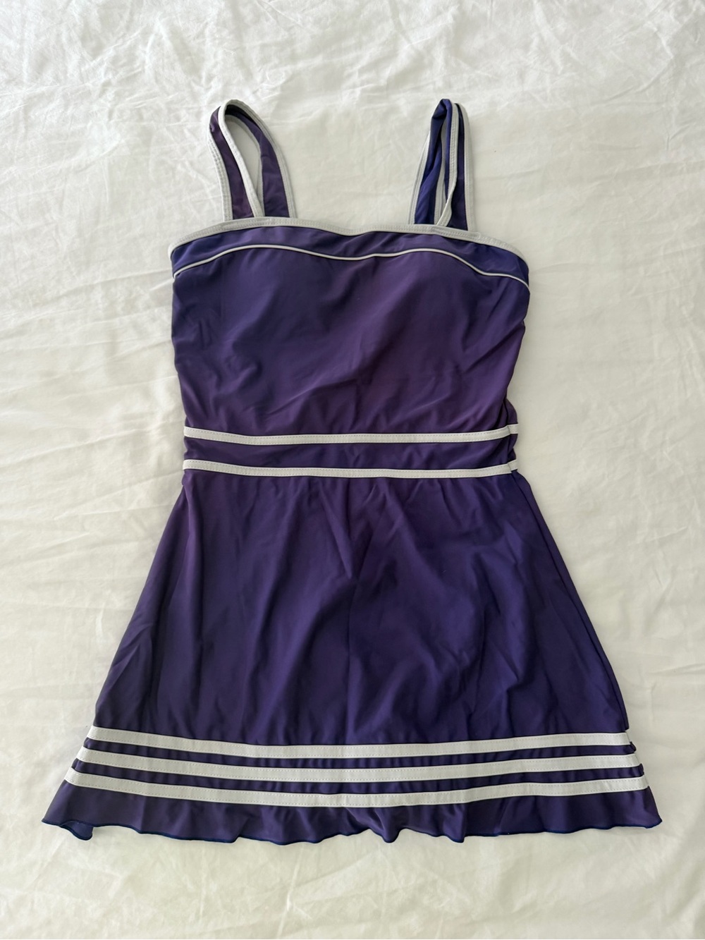 Shore Shapes Women's Purple Strappy Mini Swim Dress with Cream Trim